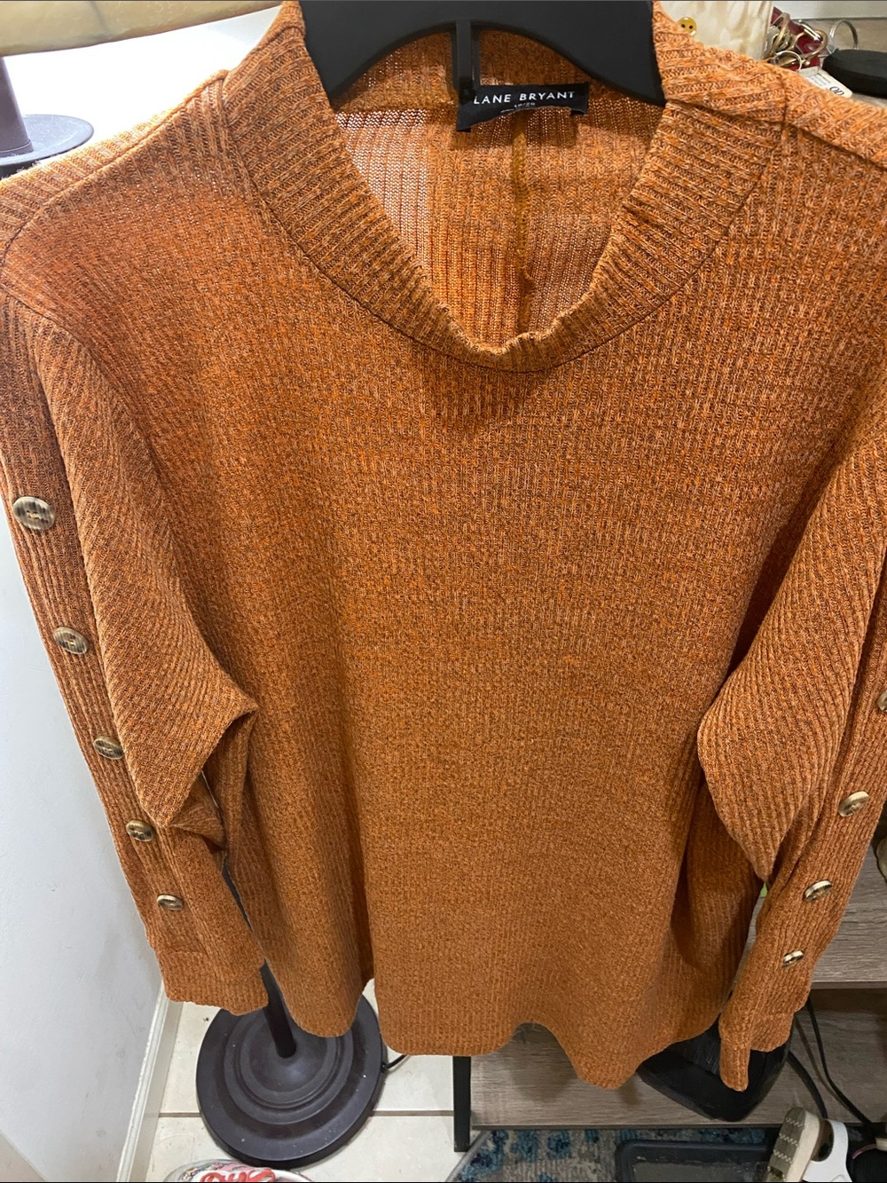 Lane Bryant Rust Orange Button-Sleeve Crewneck Sweater